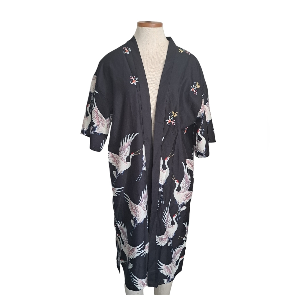 Black Crane-Print Open Front Kimono
